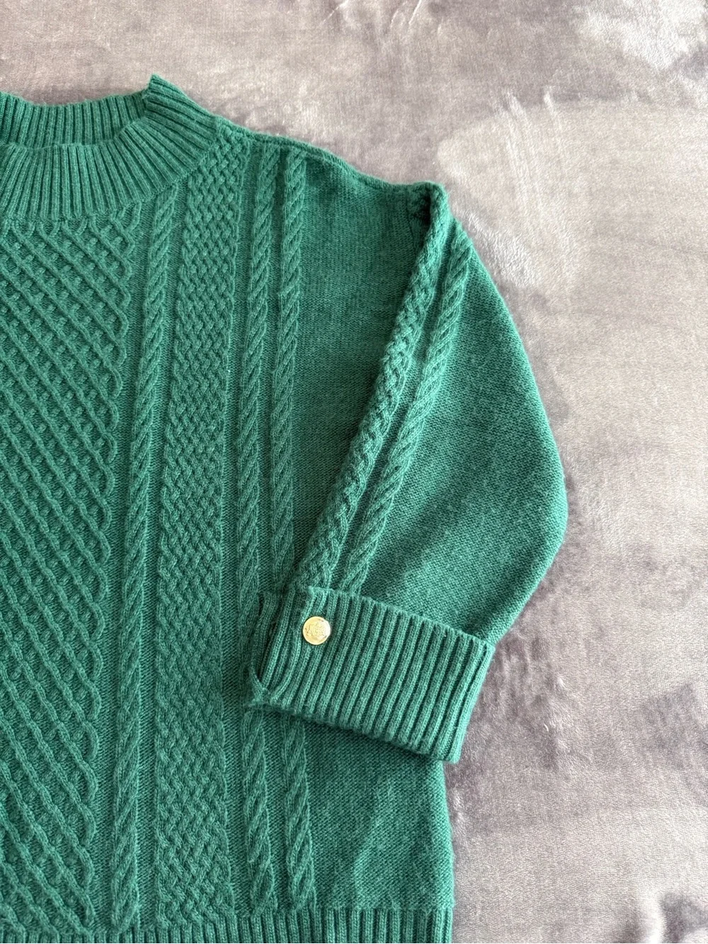Talbots Emerald Green Cable Knit Sweater Size 0X Gold Button Cuff Mock Neck